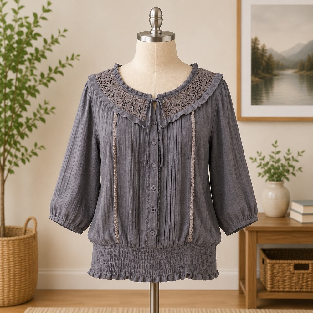 Poetry Clothing Blouse‎ Womens Large Gray Lace Trim Smocked Hem 3/4 Sleeve Gauze